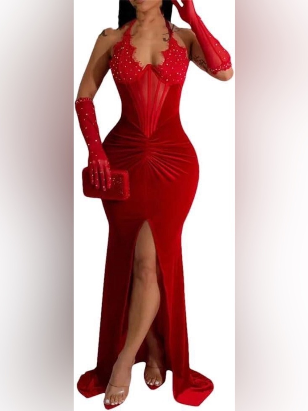 Elegant Red Halter Evening Gown with Sheer Bodice